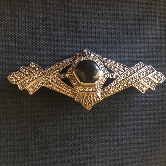 Faux onyx and faux marcasite Art Deco style pin - Picture 1 of 6